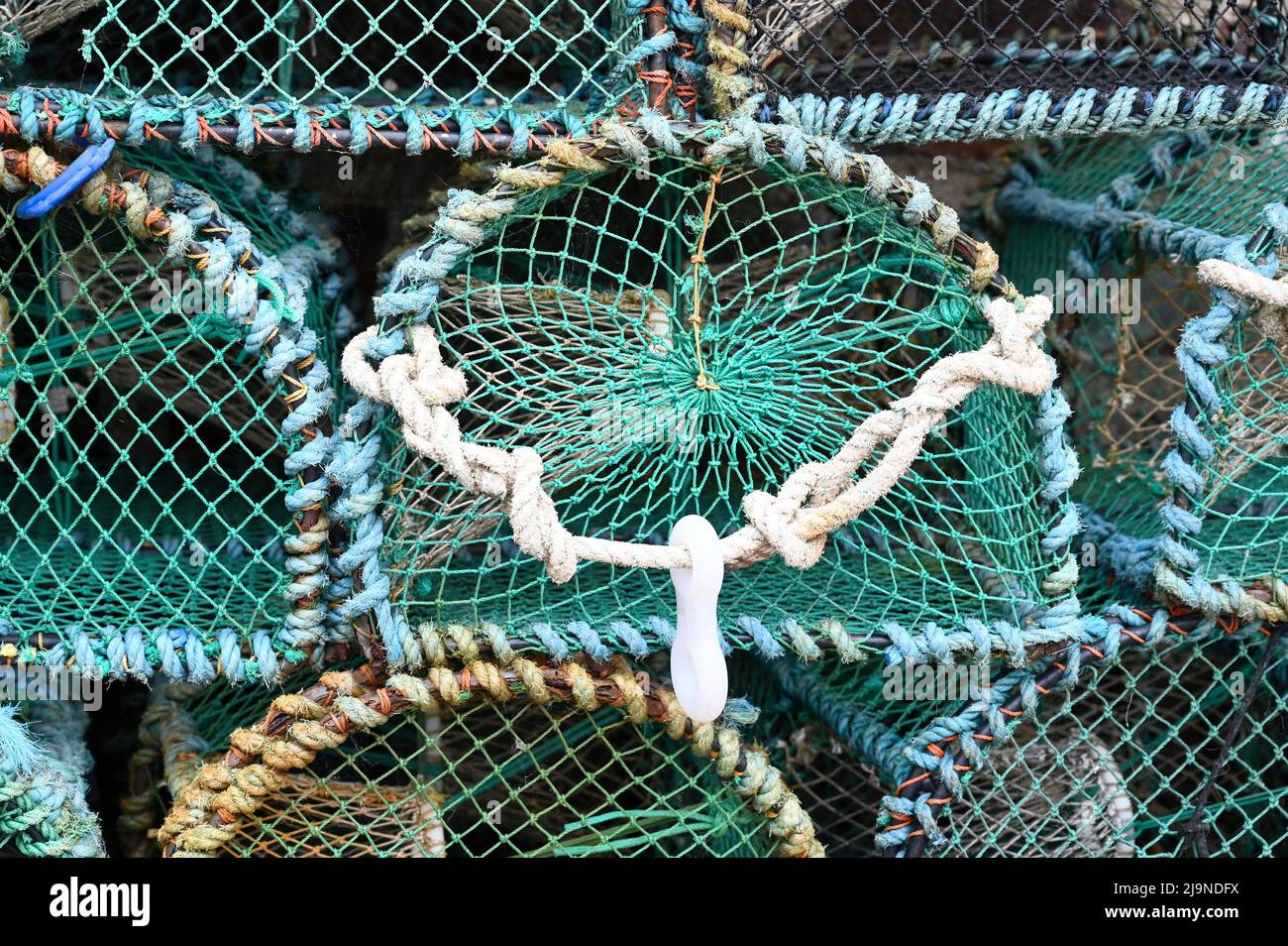 Trappola di pesce per aragosta e granchio. Modello astratto, Devon, Gran Bretagna. Pentole di aragosta blu. Foto Stock