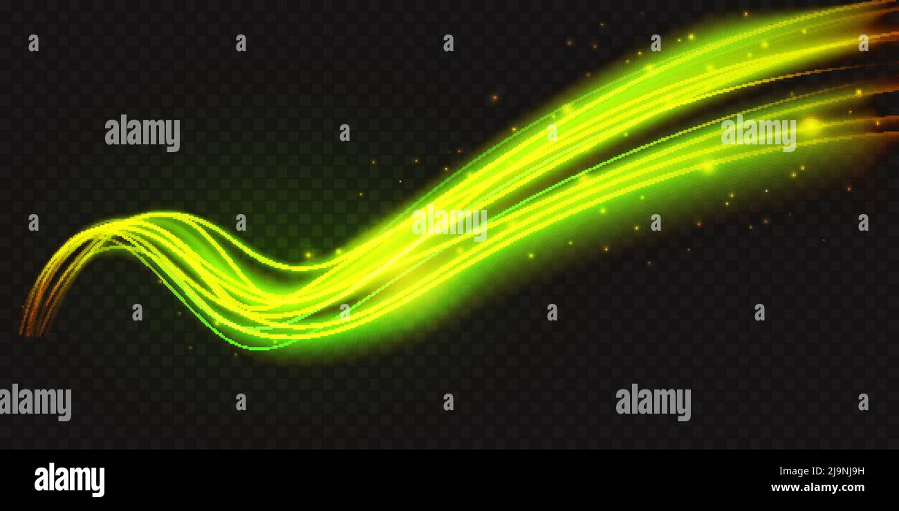 Forma d'onda luminosa al neon, illustrazione vettoriale astratta dell'effetto luce. Fuoco ondulato incandescente verde brillante curva linee, magia energia bagliore movimento particella isolato trasparente sfondo nero. Illustrazione Vettoriale