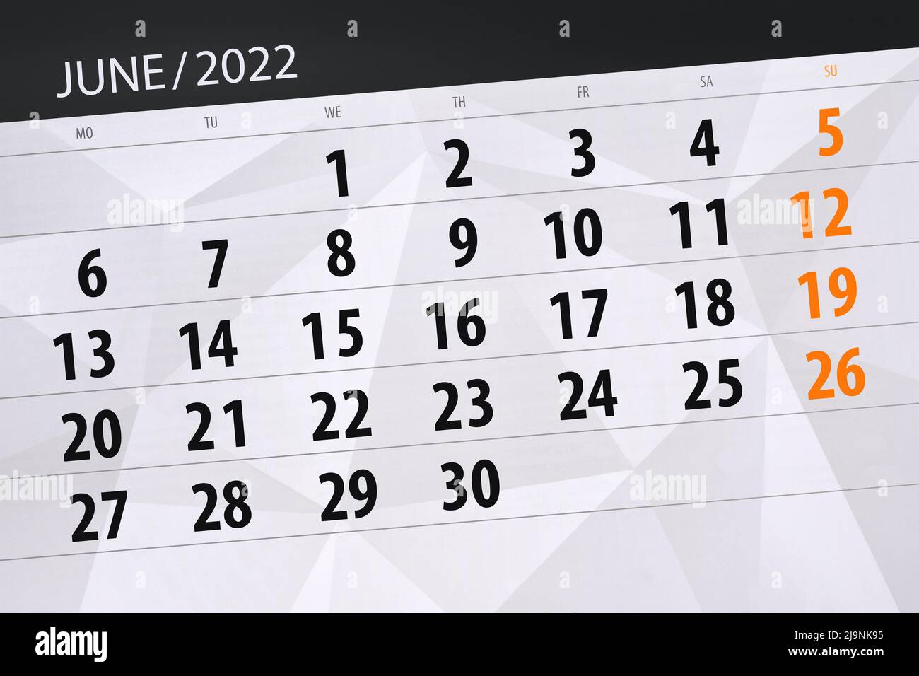 Calendario per il mese 2022 giugno, data di scadenza. Foto Stock