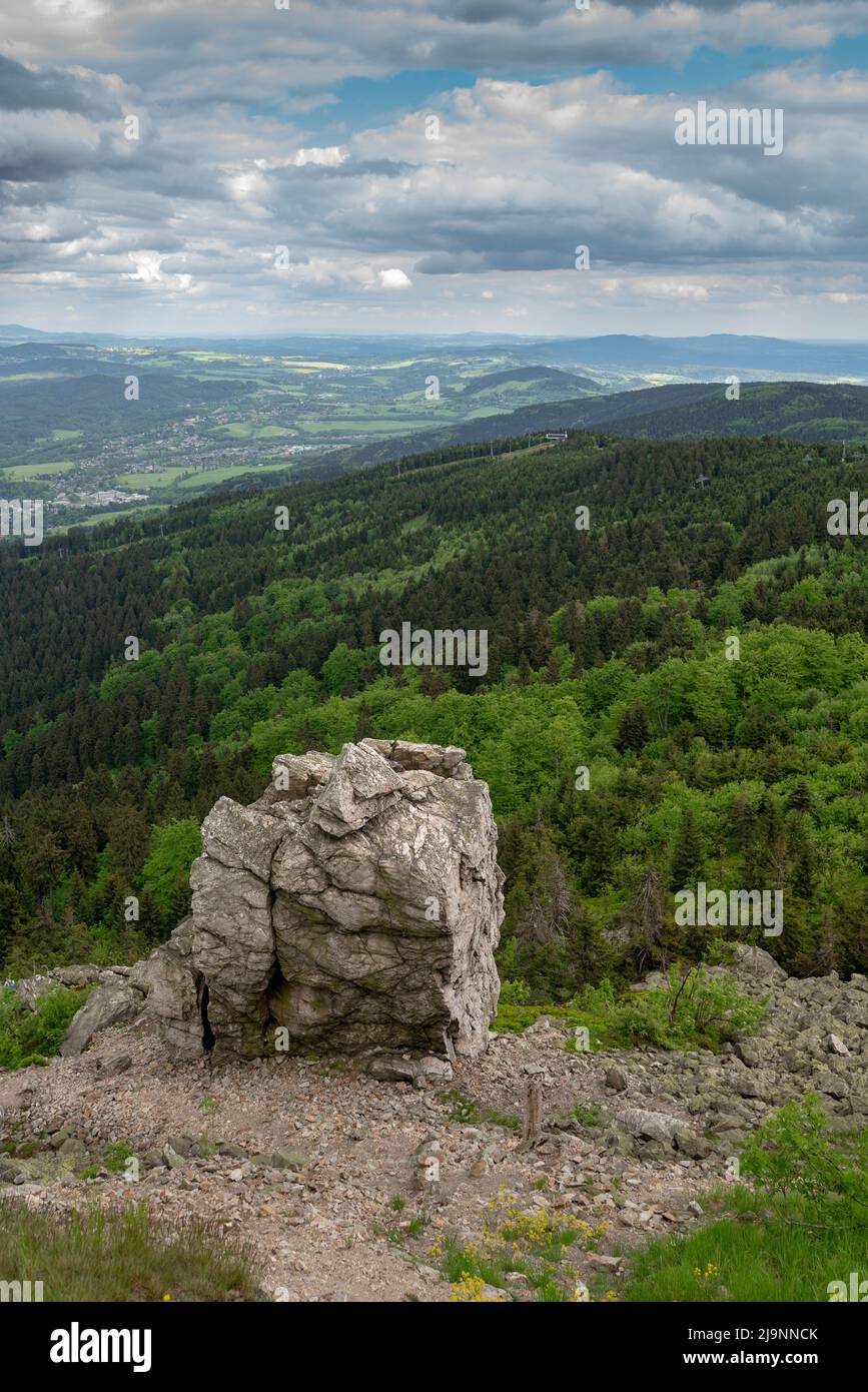 Pendici del monte Jested con pietra quarzita 'Krejcik' ('Hockauf'), sotto la quale si trova un sarto malizioso sepolto secondo la leggenda locale. Foto Stock
