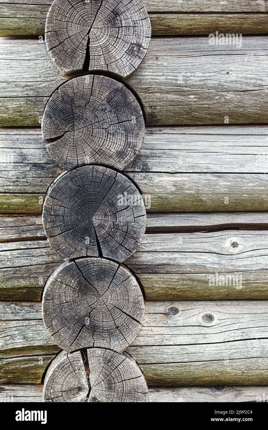 Vecchia casa rustica caratteristiche architettoniche Rifugio costruito di legno. Ravvicinato di tessuto di legno incrinato con agenti atmosferici Foto Stock