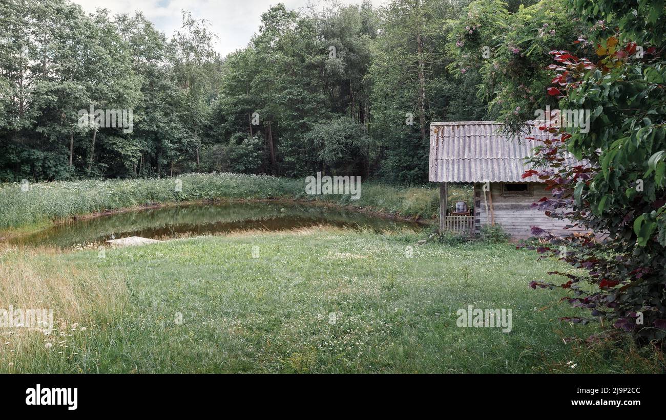 Vecchio e abbandonato bagno vicino al laghetto in prato, foresta di campagna, Lituania Foto Stock