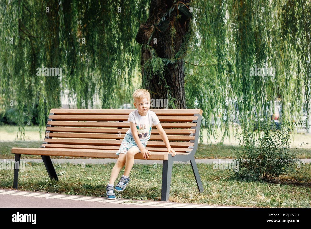 Un ragazzo carino è seduto su una panca nel parco sotto un grande albero verde e riposato. Foto Stock