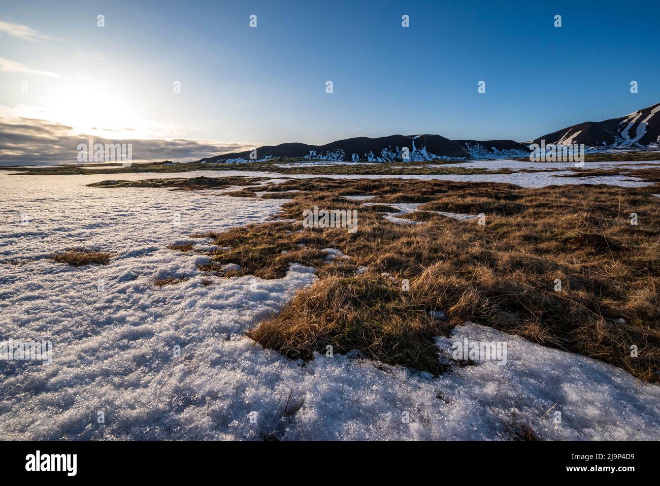 Bella luce notturna su un campo di neve all'alba con montagne sullo sfondo, accanto alla Route 365 tra Laugarvatn e Thingvellir, Islanda Foto Stock