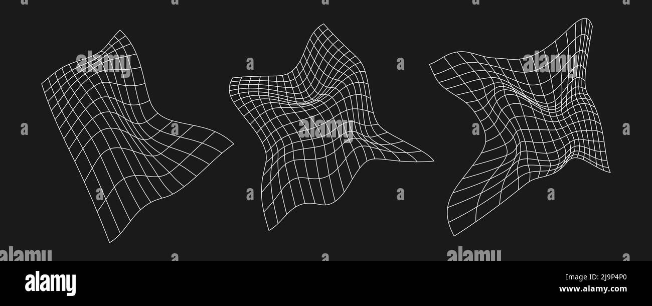 Cyber griglia distorta, elemento di design retro punk. Griglia della geometria a reticolo su sfondo nero. Illustrazione vettoriale. Illustrazione Vettoriale