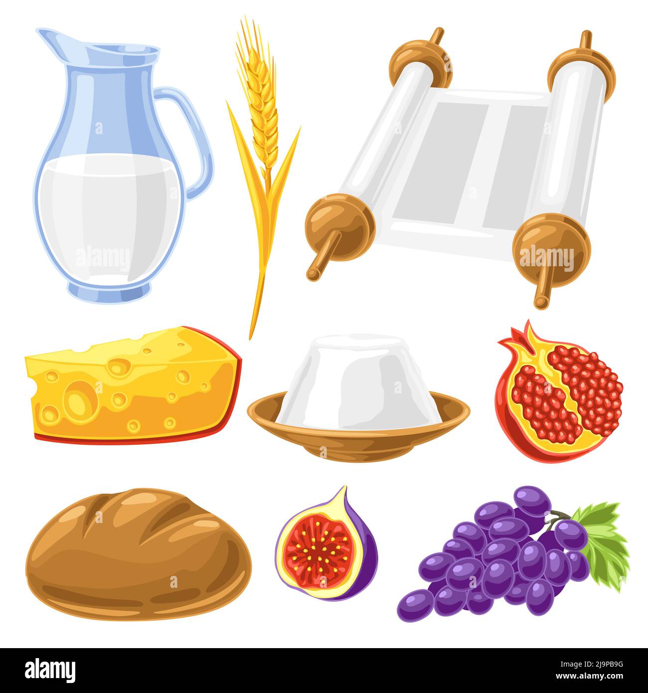 Felice simboli Shavuot. Oggetti di vacanza e festival ebraico cibo tradizionale. Illustrazione Vettoriale