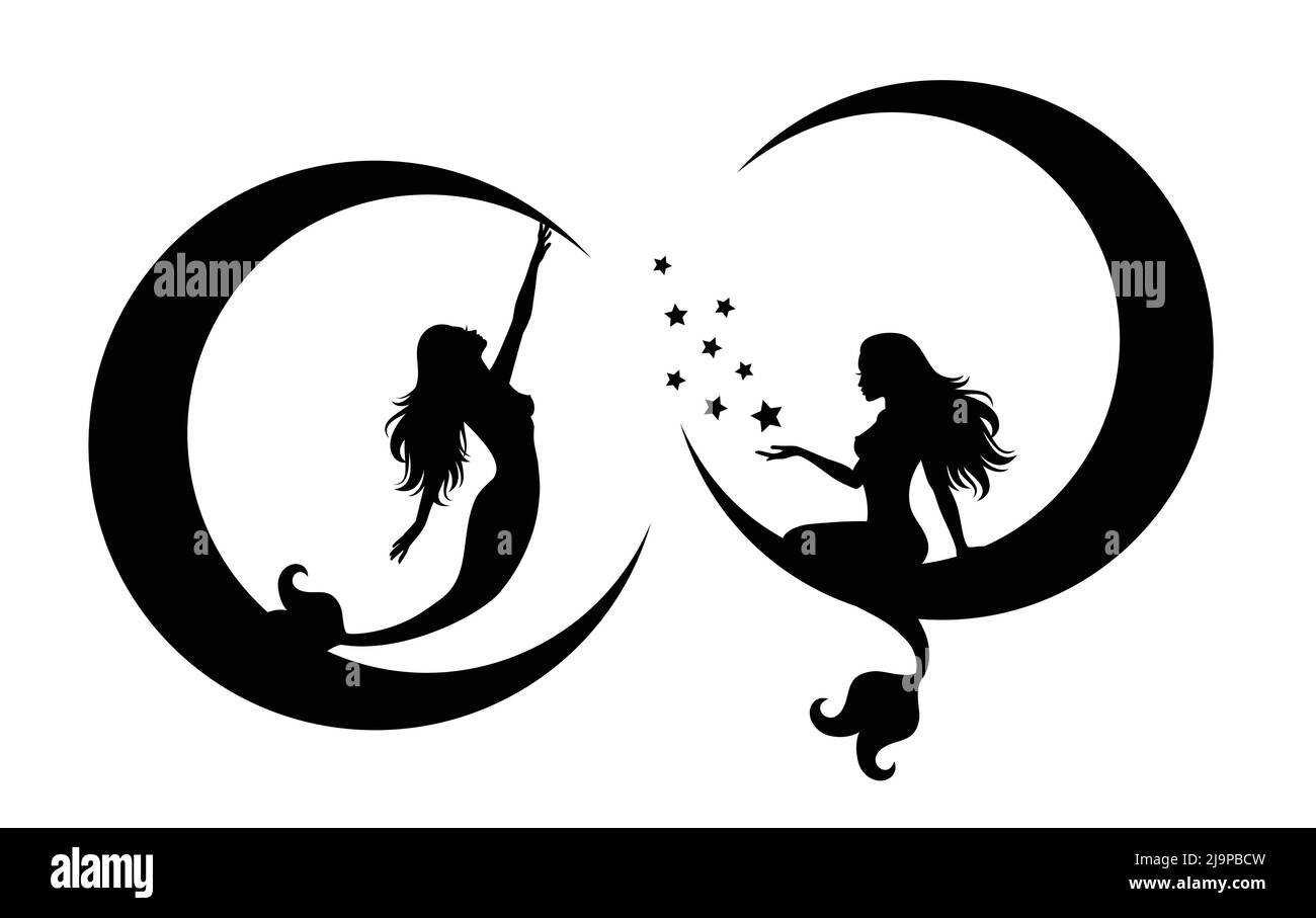 Silhouette di sirene che si siedono sulla luna. Illustrazione Vettoriale