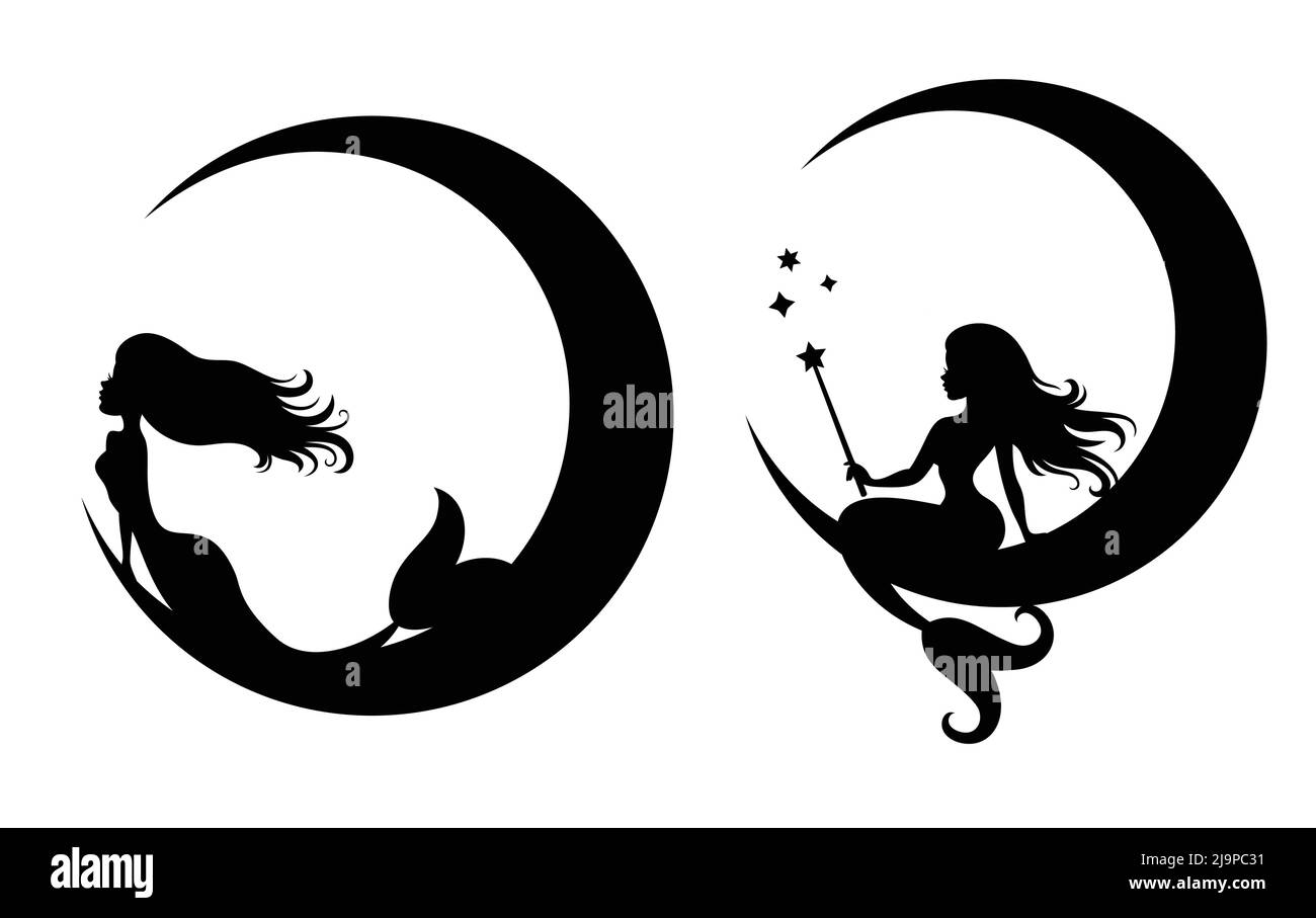 Silhouette di sirene che si siedono sulla luna. Illustrazione Vettoriale