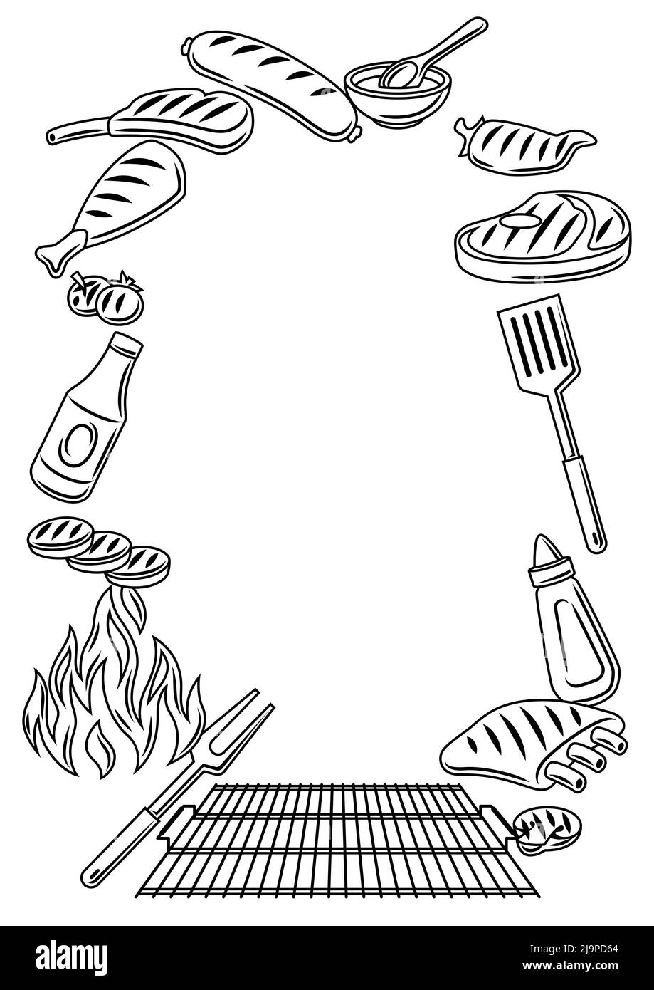 Cornice per barbecue con oggetti e icone alla griglia. Cucina stilizzata e menu del ristorante. Illustrazione Vettoriale