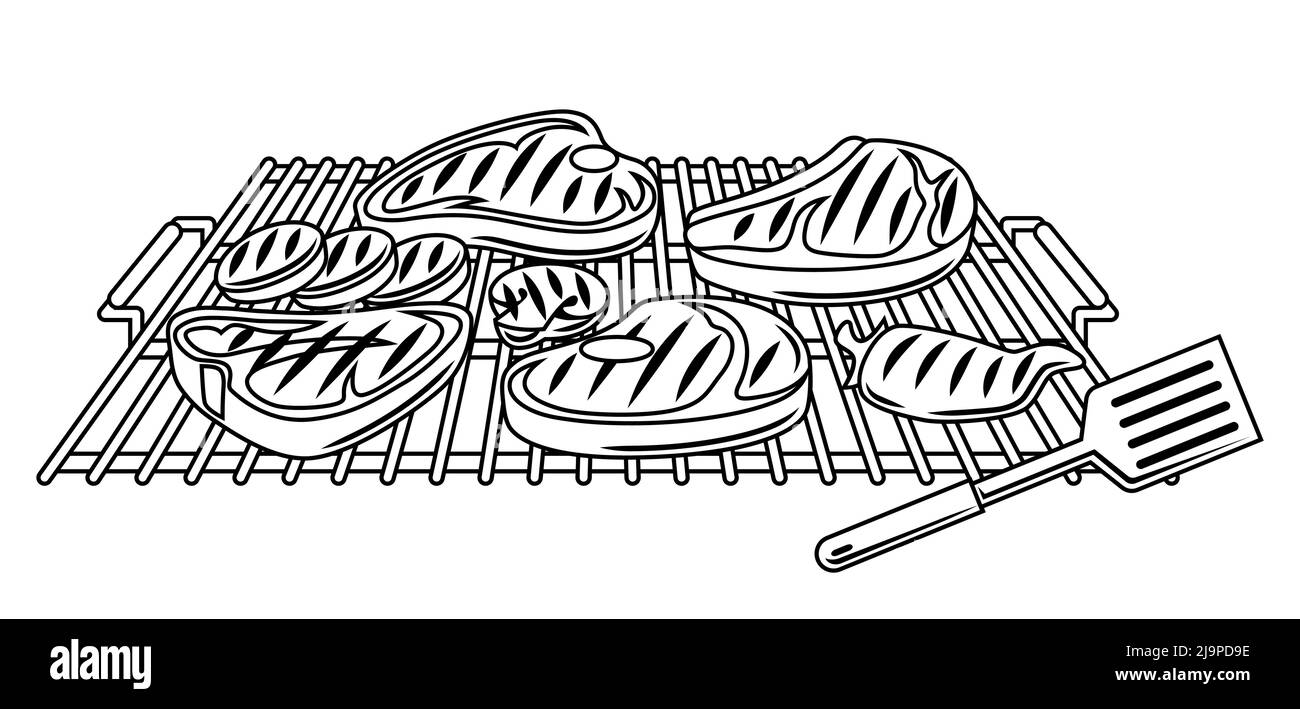 Illustrazione del barbecue con oggetti e icone della griglia. Cucina stilizzata e menu del ristorante. Illustrazione Vettoriale