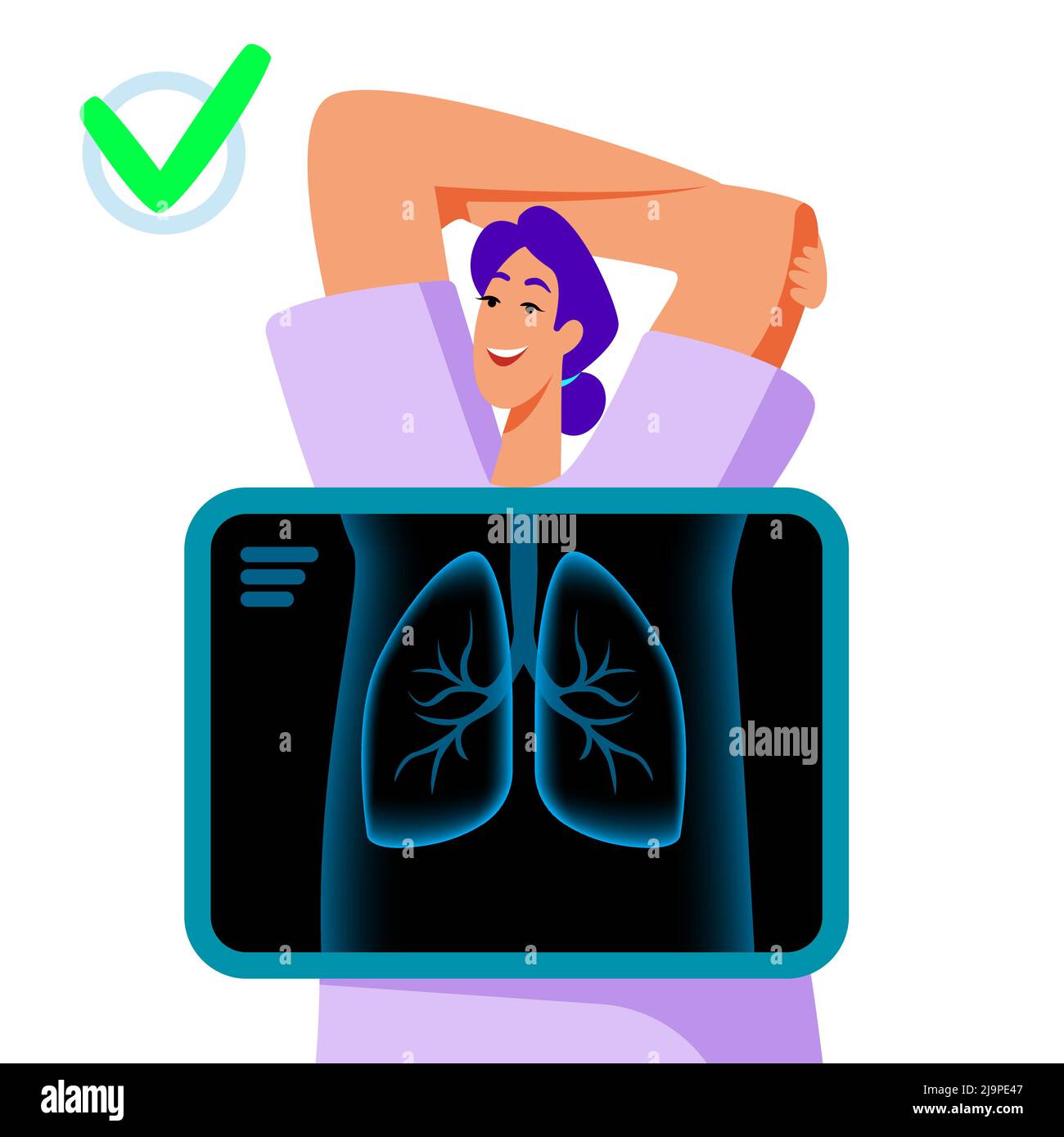 Sorridente paziente femminile alla macchina a raggi X in stile piatto. Illustrazione vettoriale. Illustrazione Vettoriale
