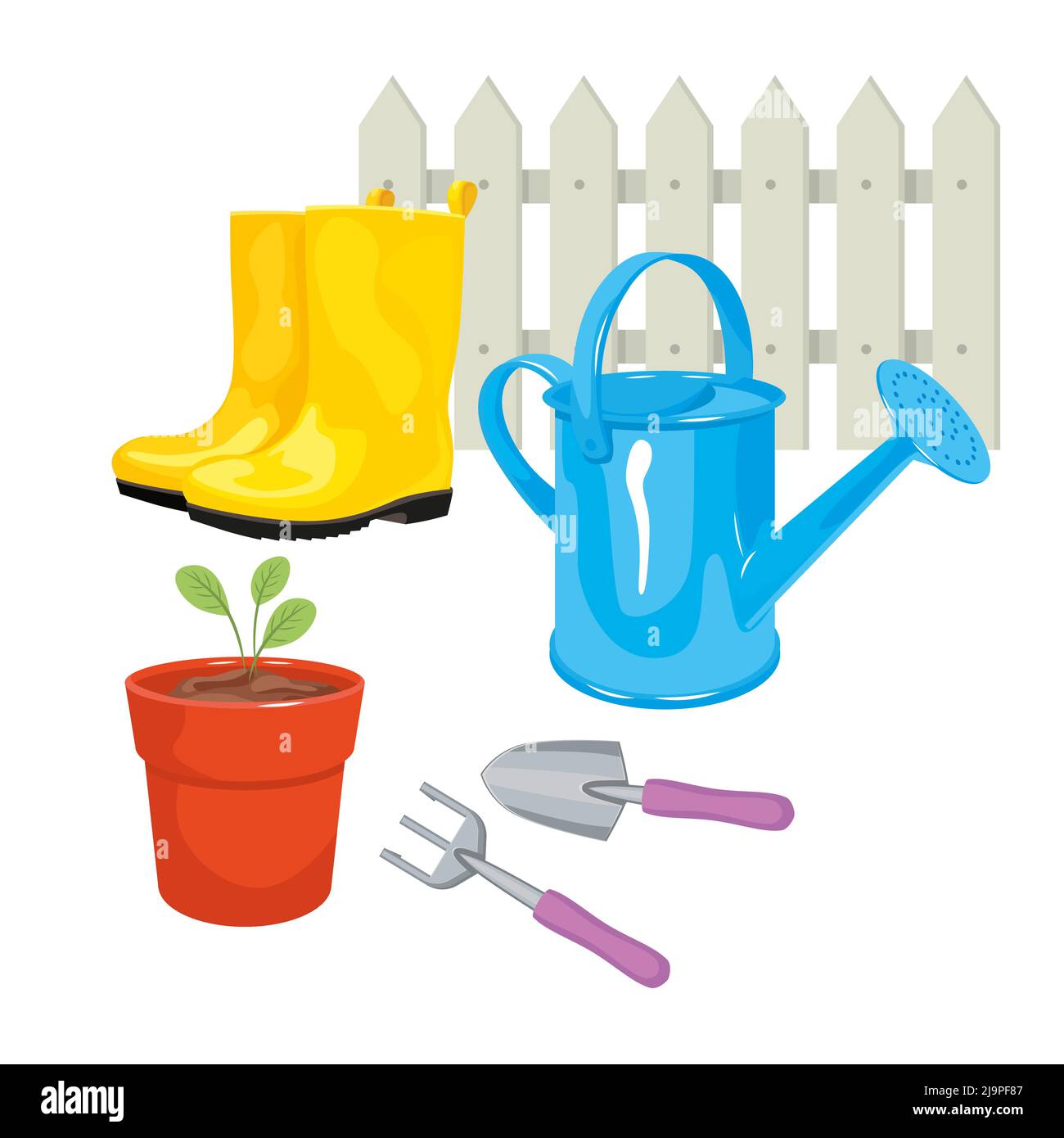 Concetto di giardinaggio. Set di attrezzi da giardino. Illustrazione Vettoriale