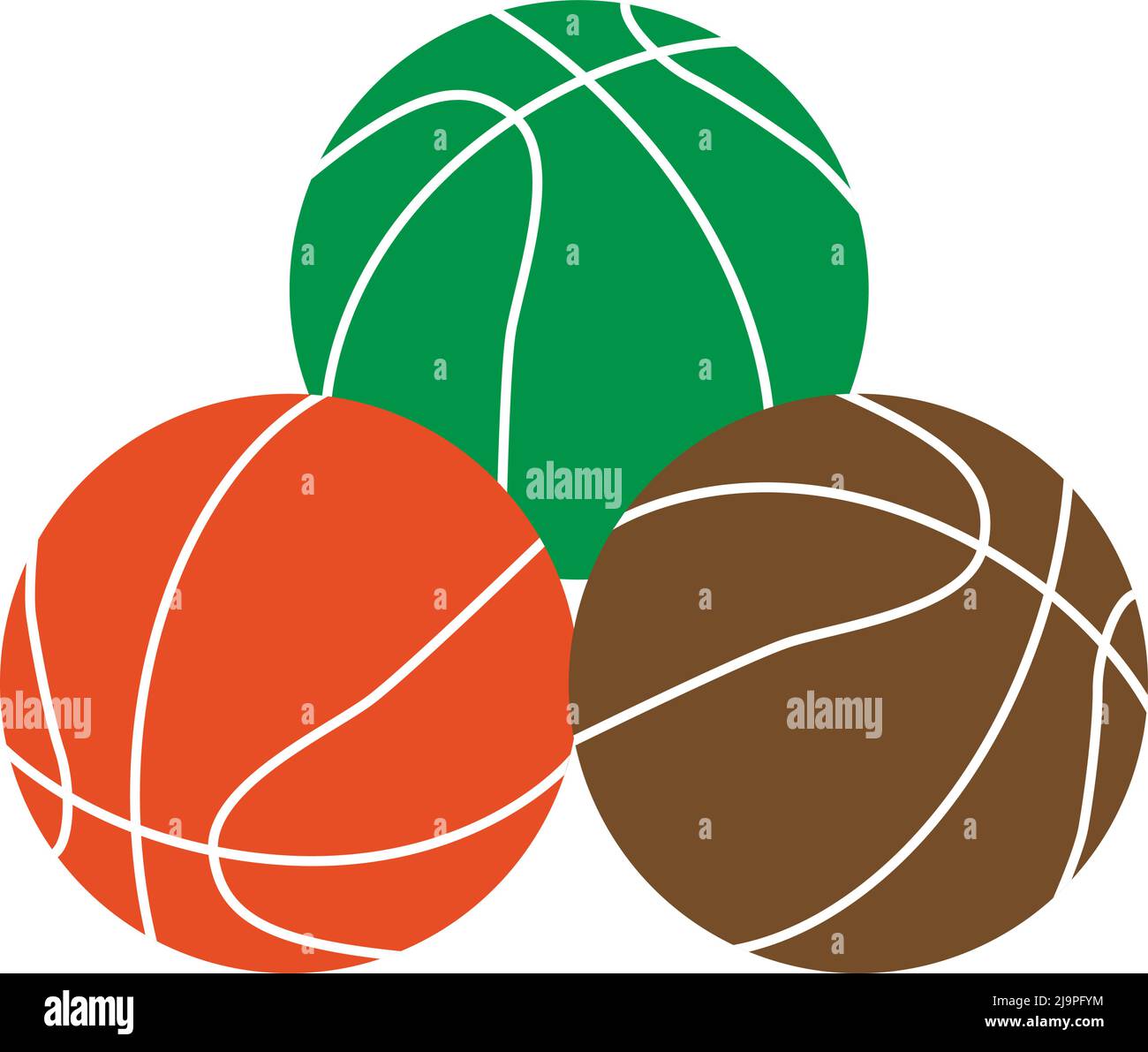 palline da basket a tre colori, colore arancione, marrone e verde, su sfondo bianco Illustrazione Vettoriale