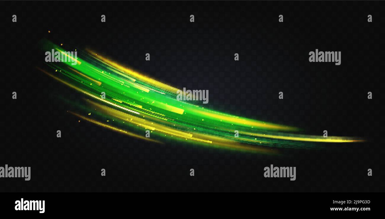 Giallo verde chiaro effetto astratto, forma curva neon velocità vettore illustrazione. Luce magica brillante bagliore di linee energetiche, flusso di onde di potenza di vortice lucente, percorso elettrico che risplende su sfondo scuro Illustrazione Vettoriale