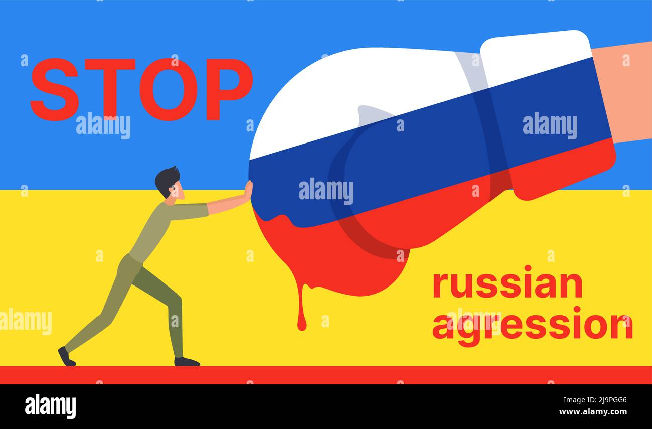 Lotta tra uomo piccolo e guanto pugilato, Stop Russian aggression message, resistenza alla violenza nel conflitto militare. Goccia di sangue che scorre dalla bandiera della Russia sullo sfondo con bandiera Ucraina Illustrazione Vettoriale