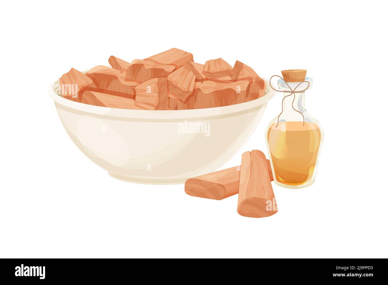 Olio di sandalo in bottiglia con sughero in legno e corda, pezzi di legno di sandalo in stile cartoon isolato su sfondo bianco. Ayurveda terapia ingrediente . Illustrazione vettoriale Illustrazione Vettoriale