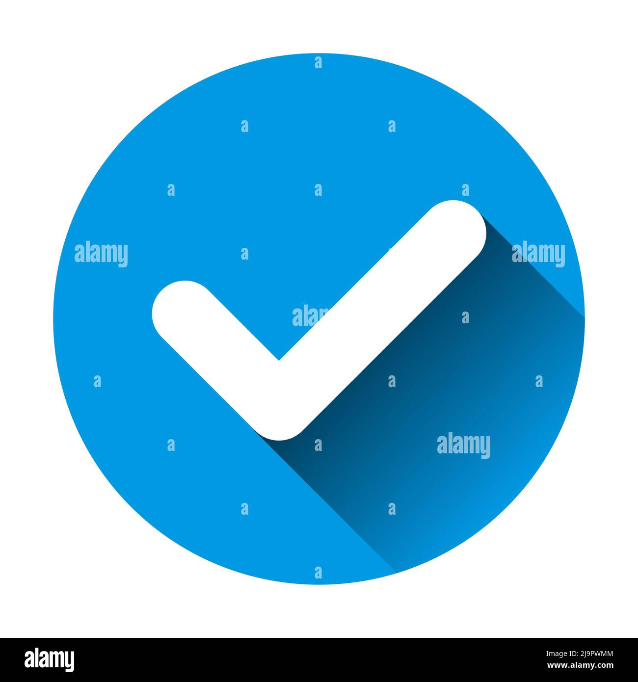 segno di spunta su sfondo blu con vettore di icone a lunga ombra per grafica, logo, sito web, social media, app mobile, Illustrazione dell'interfaccia utente Illustrazione Vettoriale