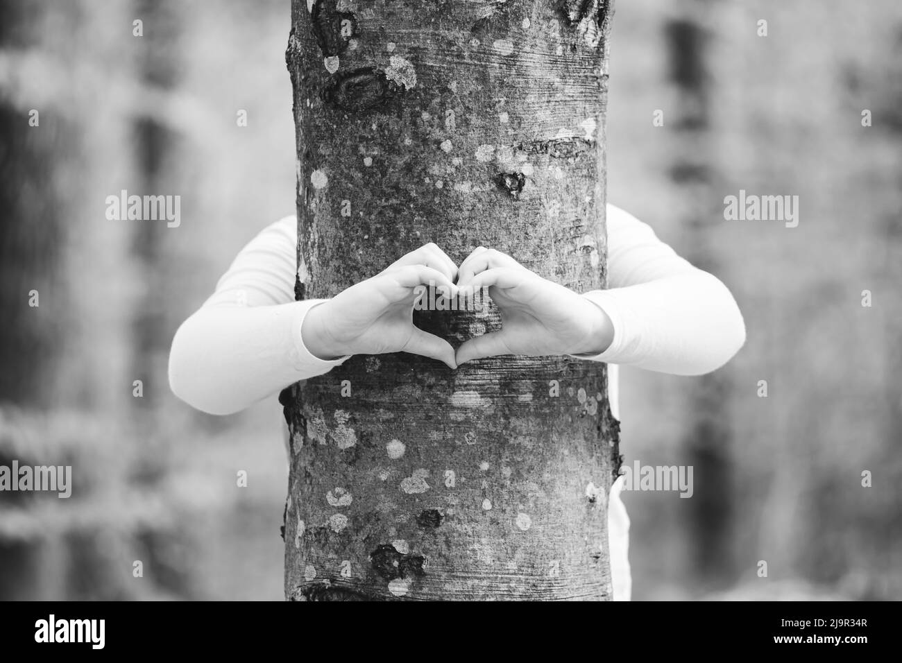Le mani del bambino che fanno una forma del cuore su un tronco dell'albero. Abbracciare, proteggere il concetto di natura. Foto Stock