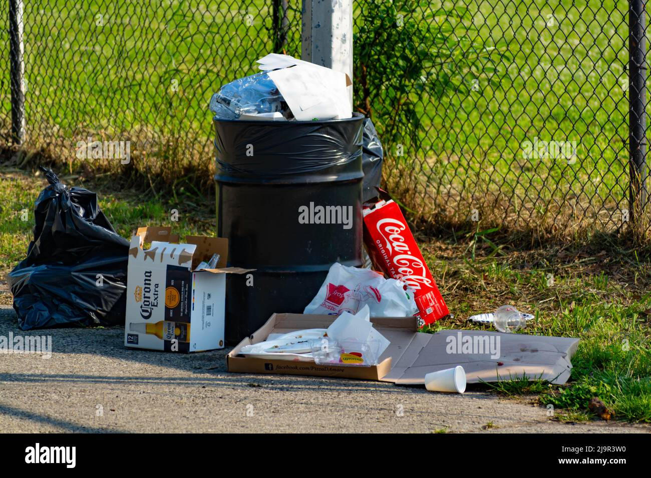 Il paesaggio disseminato di Brooklyn: Immondizia piena di rifiuti in mezzo al Trash sparso su Green Grass Foto Stock