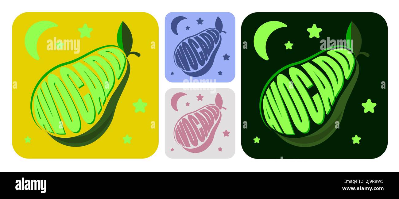 Avocado simbolo per i bambini caffè. Emblema con immagine astratta del frutto dell'avocado e iscrizione. Vettore piatto con lettere Illustrazione Vettoriale