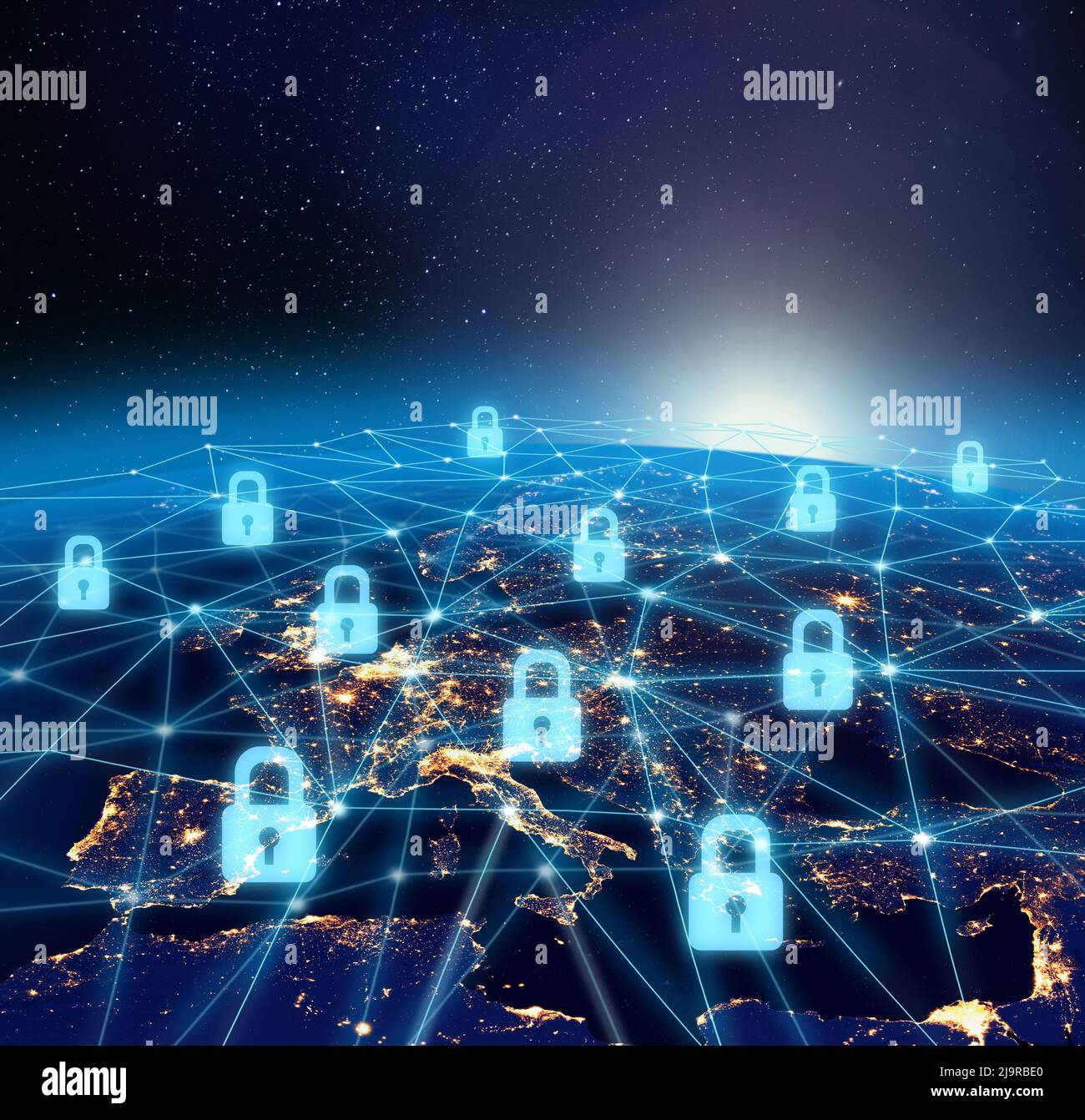 Concetto di infrastruttura per la sicurezza dei dati di rete digitale a livello mondiale. Alcuni elementi dell'immagine fornita dalla NASA. Foto Stock