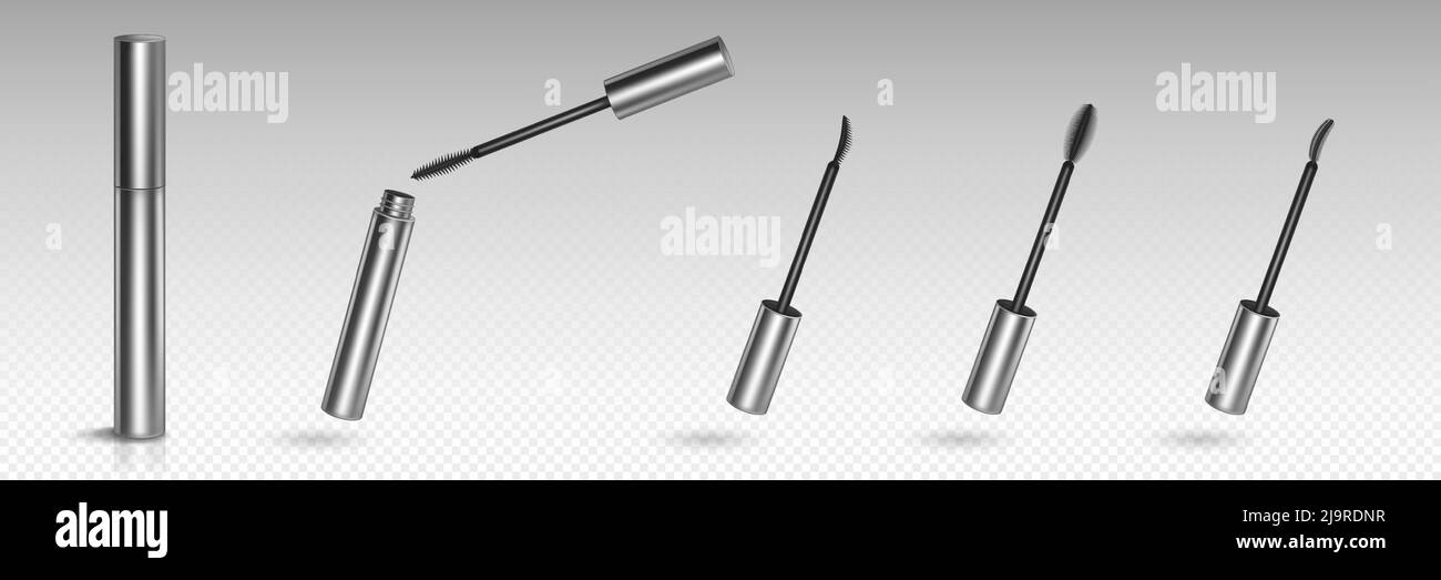 Mascara nero con spazzole diverse per trucco ciglia. Confezione vettoriale realistica di 3D cosmetici, contenitore chiuso e aperto in argento con applicatore e inchiostro per ciglia o ciglia Illustrazione Vettoriale