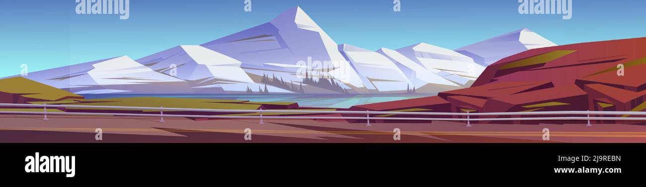 Paesaggio di montagna con auto strada sulla riva del lago. Vettore cartoon illustrazione di panorama natura, paesaggio nordico con rocce bianche, alberi di conifere, fiume e autostrada con barriera metallica Illustrazione Vettoriale