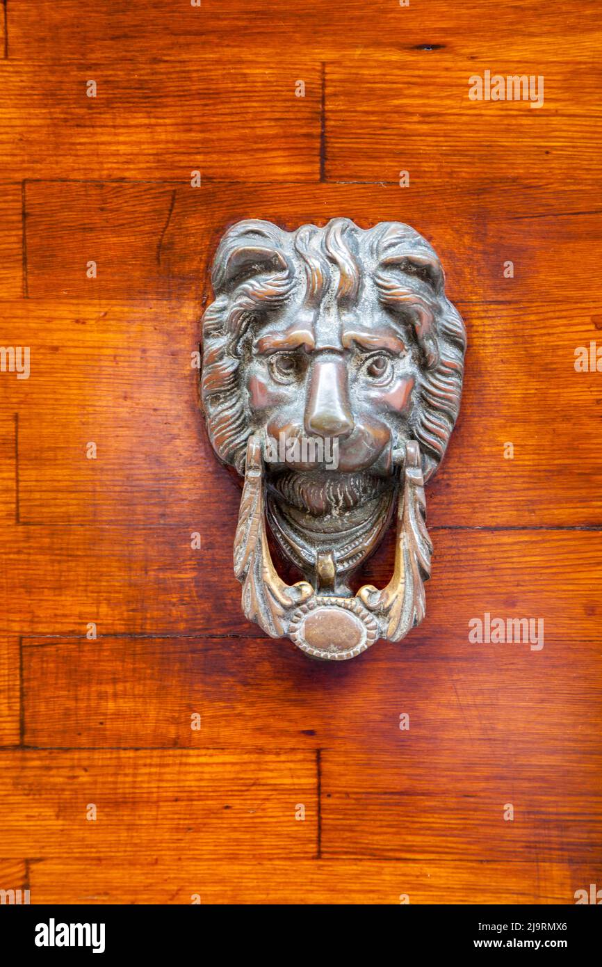 Italia, Venezia, Isola di Burano. Primo piano di un battente della porta della testa del leone su una porta di legno. Foto Stock