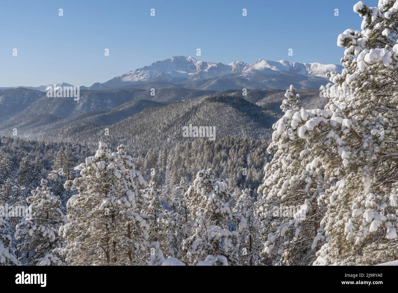 USA, Colorado, Pike National Forest. Pikes Peak lontano e nevicate di marzo sulle montagne. Foto Stock