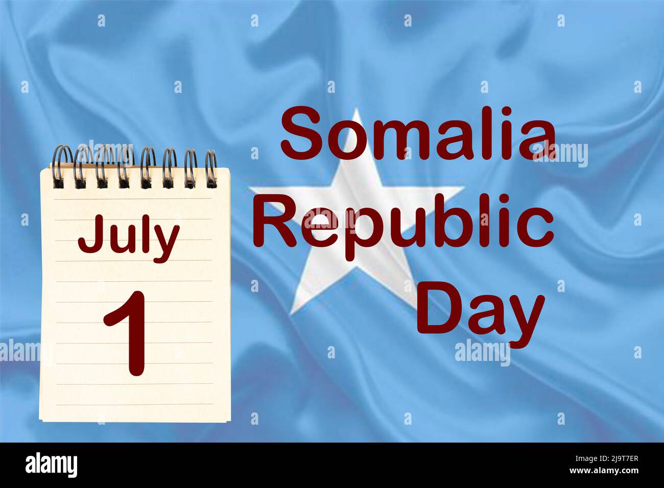 La celebrazione della Giornata della Repubblica Somalia con la bandiera e il calendario che indica il 1 luglio Foto Stock