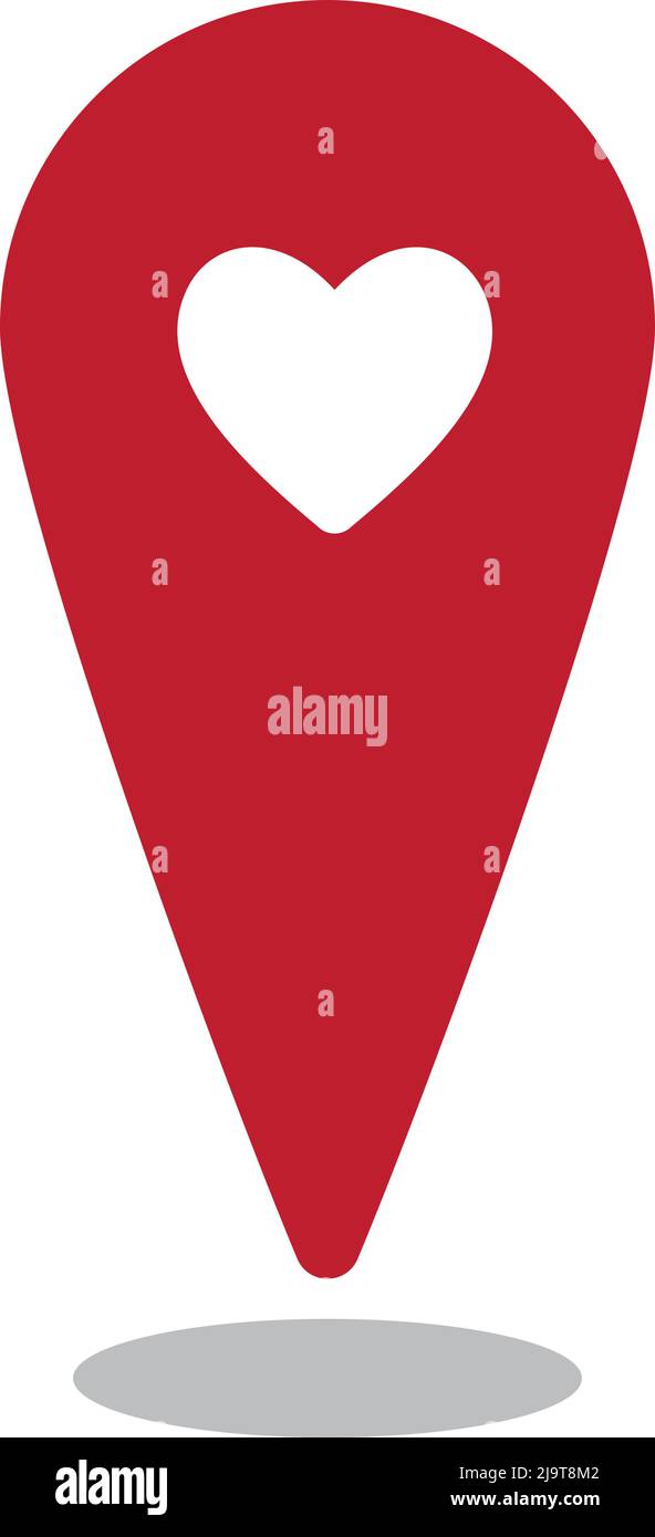 Icona puntina rossa vettoriale con amore per la forma del cuore. Indicatore di posizione isolato su sfondo bianco. Elemento di progettazione della mappa PIN. Illustrazione del simbolo della posizione Illustrazione Vettoriale