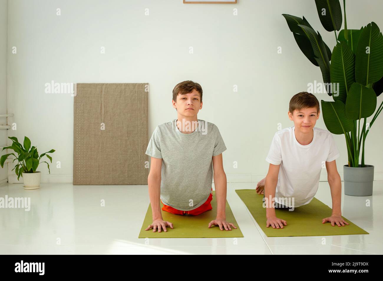 due ragazzi carini eseguono un esercizio di yoga, sui tappetini Foto Stock