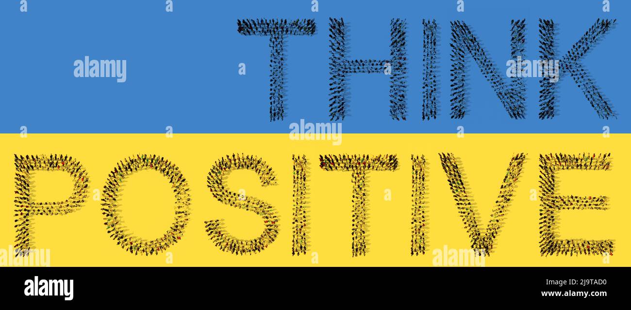 Concetto concettuale grande comunità di persone che formano PENSIERO POSITIVO messaggio sulla bandiera Ucraina. 3d metafora di illustrazione per la fede, spirito di lotta Foto Stock