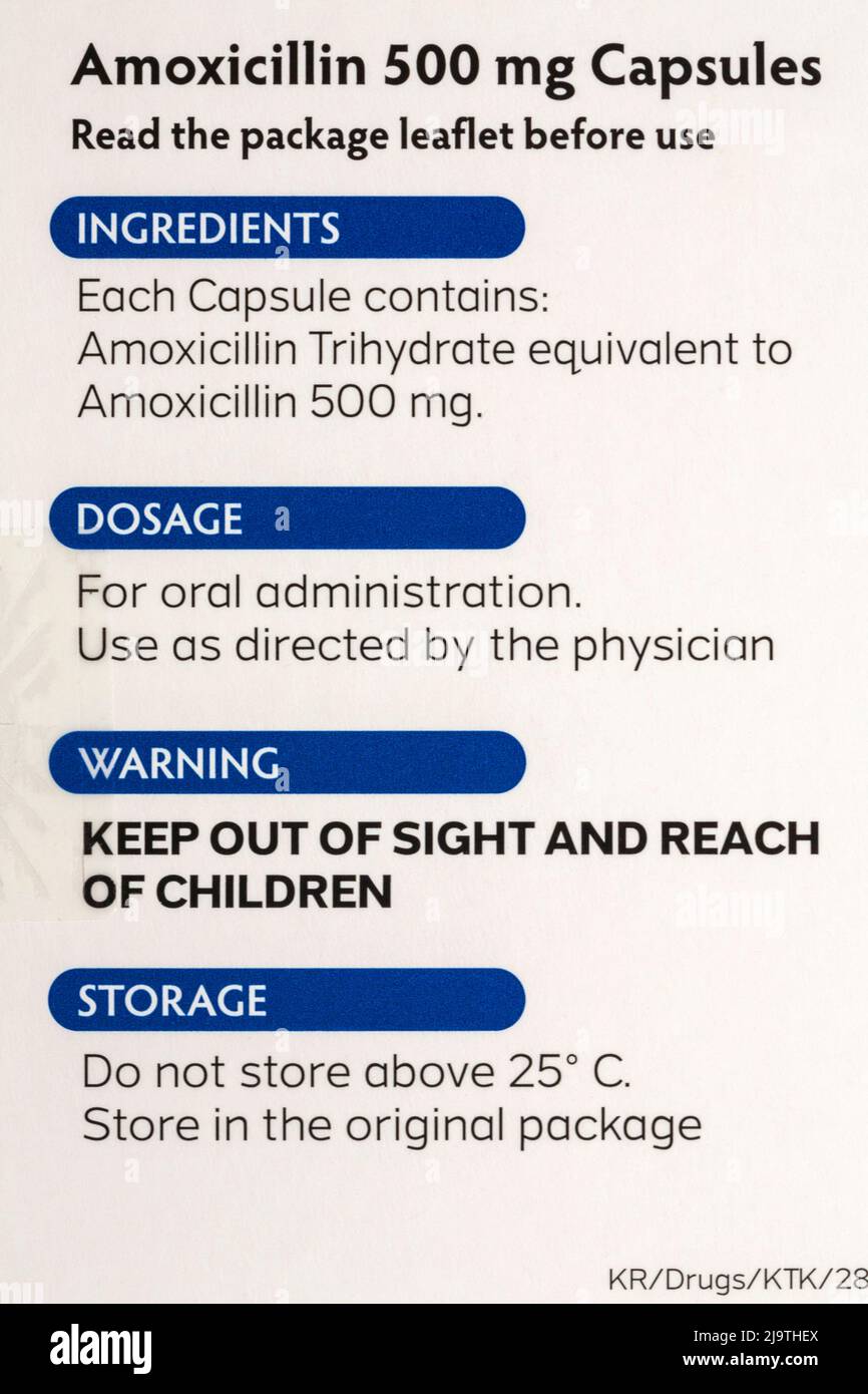 Dettaglio sul retro di Amoxicillin Capsules Noumed antibiotici usati per trattare un certo numero di infezioni batteriche - capsule antibiotiche, pillole antibiotici Foto Stock