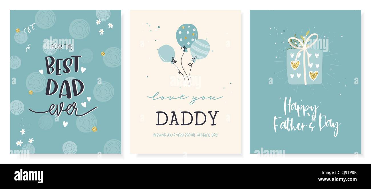 Carino Father's Day design, doodles disegnati a mano, scatole regalo, palloncini, confetti - ottimo per striscioni, sfondi, carte, copertine di immagini - vettore Illustrazione Vettoriale