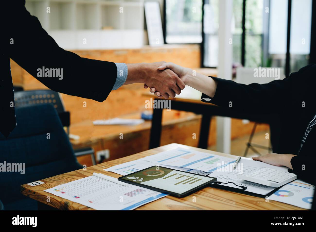 Due uomini d'affari scuotono le mani dopo aver accettato una proposta di business insieme, una stretta di mano è un omaggio universale, spesso utilizzato nel saluto o. Foto Stock