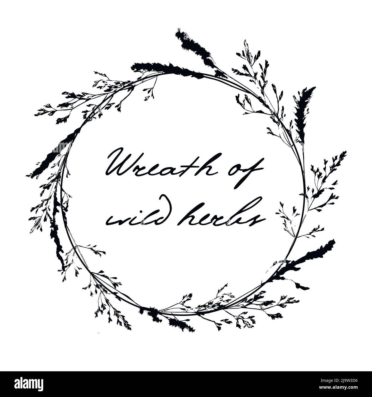 Corona di erbe selvatiche su sfondo bianco con posto per il testo. Carta per primavera, estate, invito, disegni di nozze. Illustrazione Vettoriale