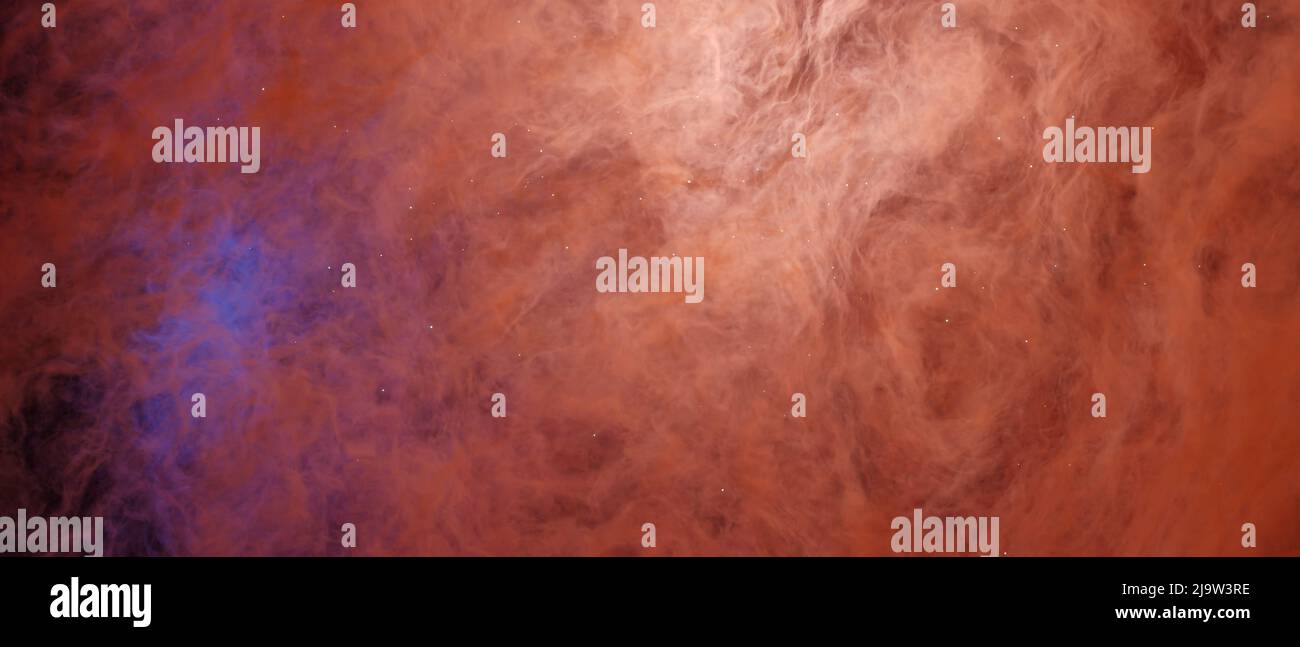 Colorate nubi di fumo arancione e particelle luccicanti di glitter che fluiscono sullo sfondo cosmico astratto Foto Stock