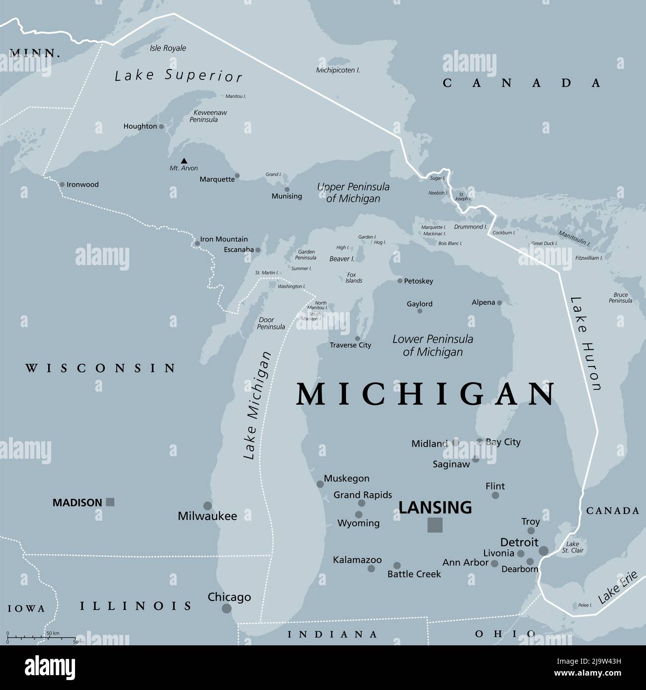 Michigan, MI, mappa politica grigia con la capitale Lansing e l'area metropolitana Detroit. Stato nella regione dei grandi Laghi dell'alta Midwest degli Stati Uniti. Foto Stock