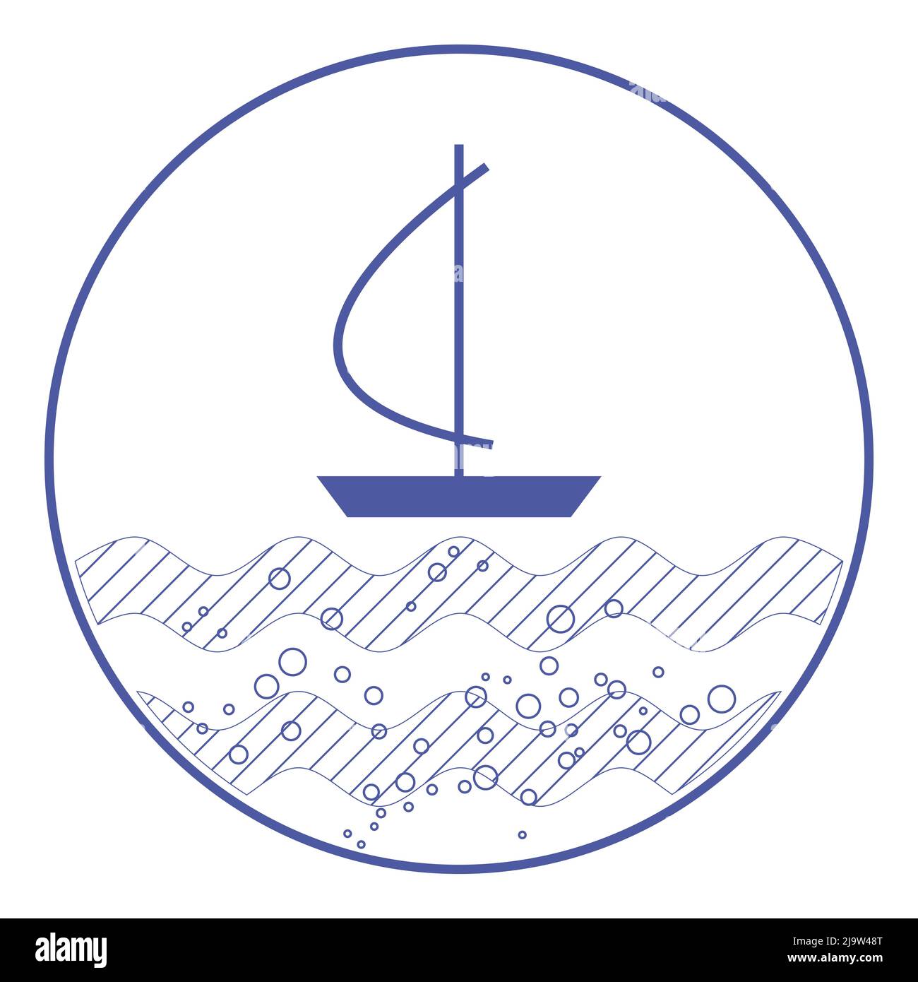 Emblema rotondo blu e bianco di piccola barca a vela sulle onde del mare. Piccola barca attraversa l'oceano. Le bolle d'aria aumentano attraverso l'acqua. Minimalismo in stile marino. Navi Illustrazione Vettoriale Emblema rotondo blu e bianco di piccola barca a vela sulle onde del mare. Piccola barca attraversa l'oceano. Le bolle d'aria aumentano attraverso l'acqua. Minimalismo in stile marino. Navi Illustrazione Vettoriale