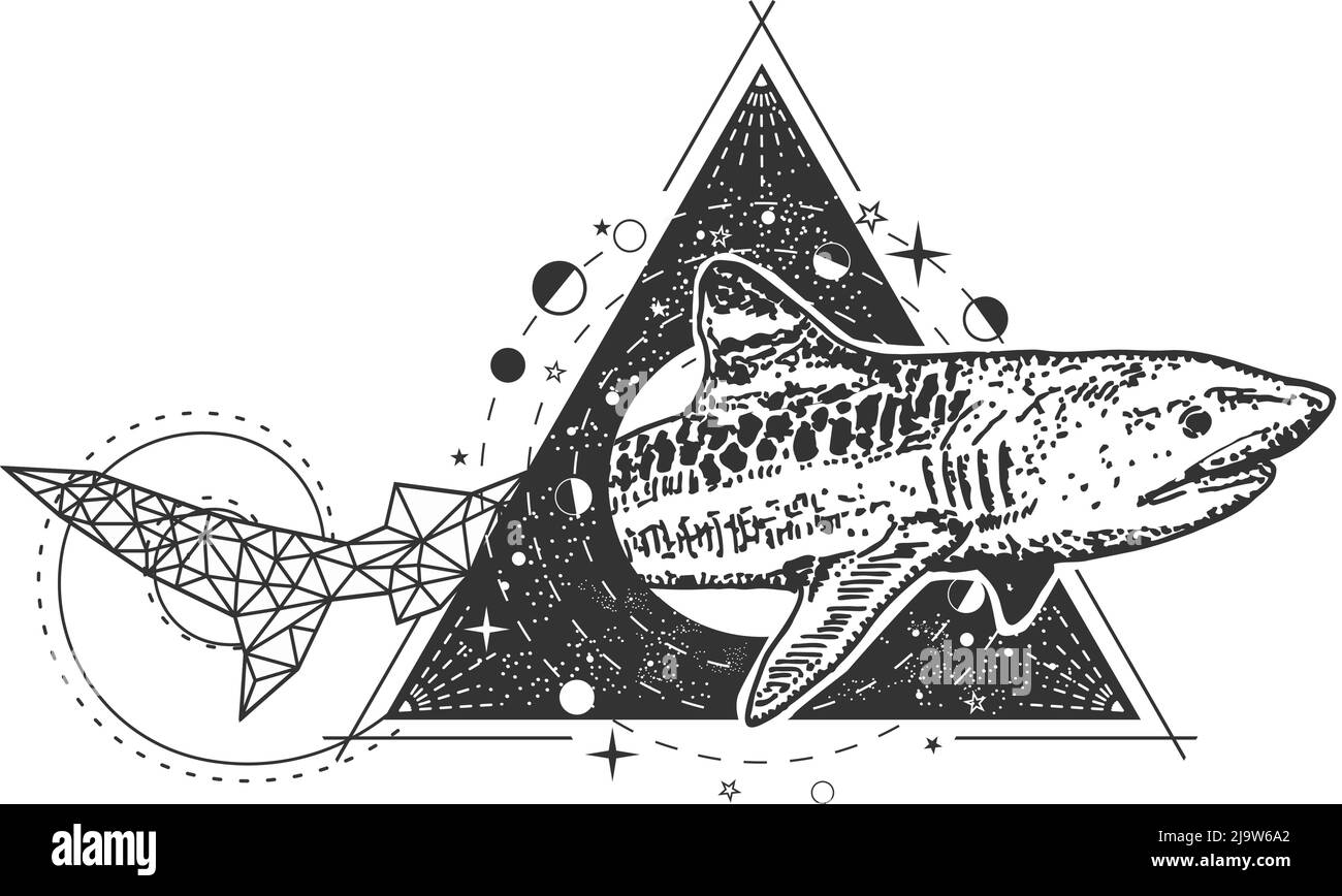 Disegno vettoriale a stampa di tatuaggio o t-shirt con squalo geometrico Illustrazione Vettoriale