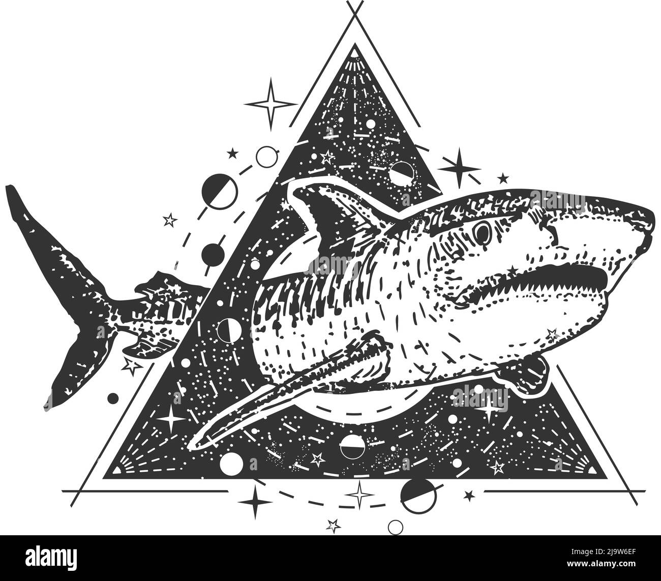 Disegno vettoriale a stampa di tatuaggio o t-shirt con squalo geometrico Illustrazione Vettoriale