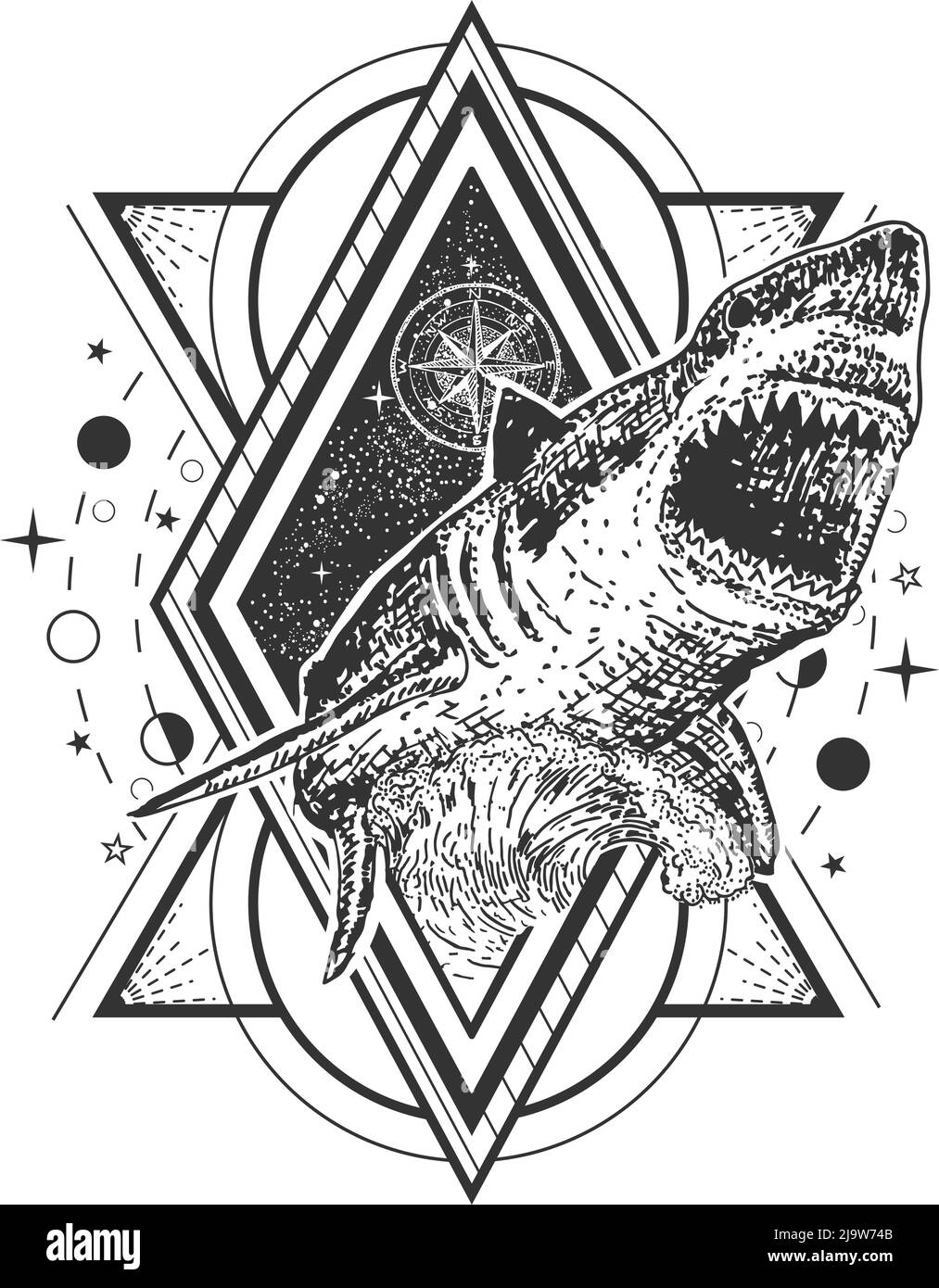 Disegno vettoriale a stampa di tatuaggio o t-shirt con squalo geometrico Illustrazione Vettoriale