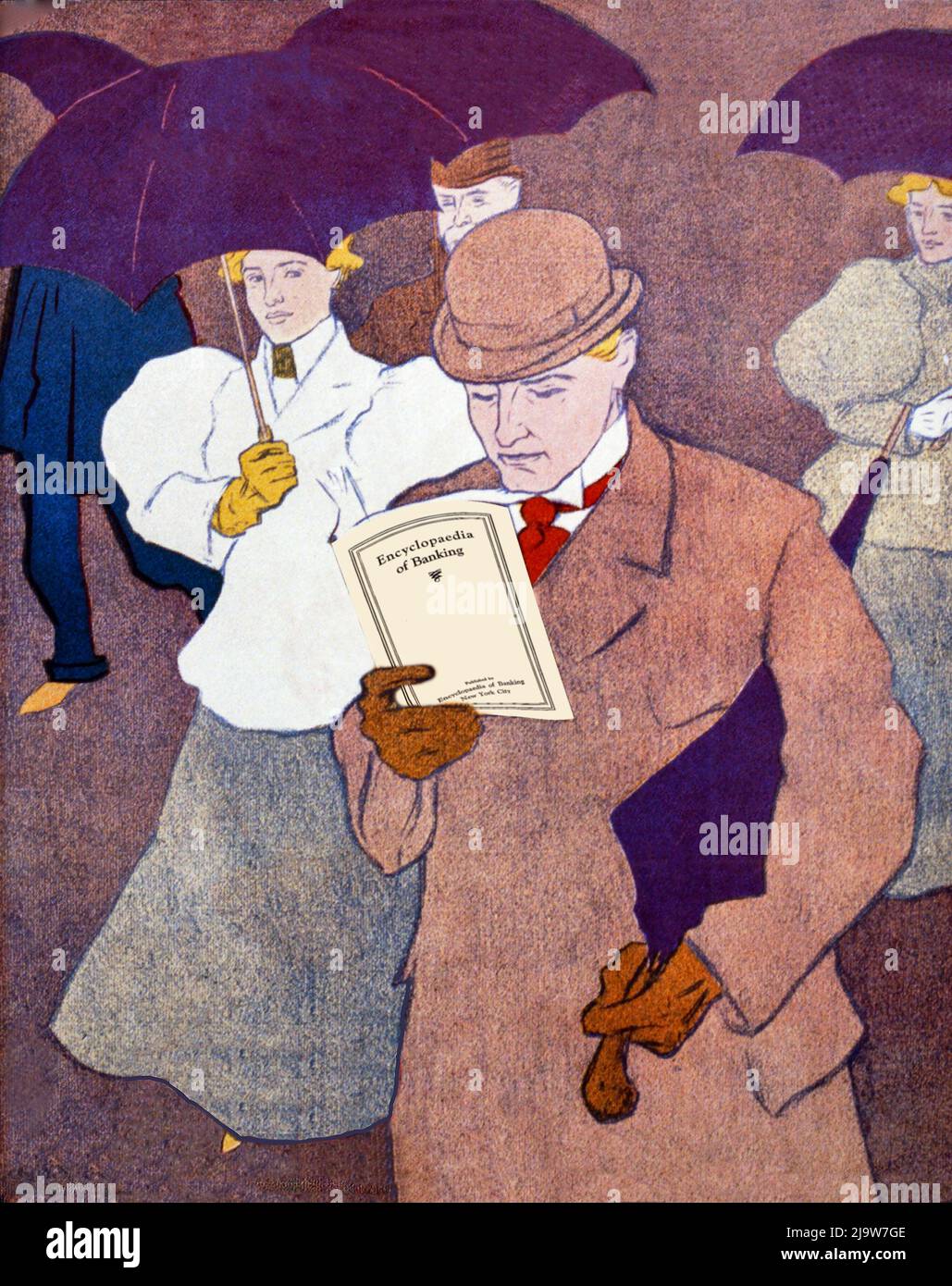Un'illustrazione di un uomo ben vestito e alla moda che legge un libro sul banking in the rain. L'immagine di Joseph J Gould (1880-1935) è un dettaglio tratto da un poster di Lippincott's, una rivista letteraria mensile americana pubblicata a Philadelphia dal 1868 al 1915. Foto Stock