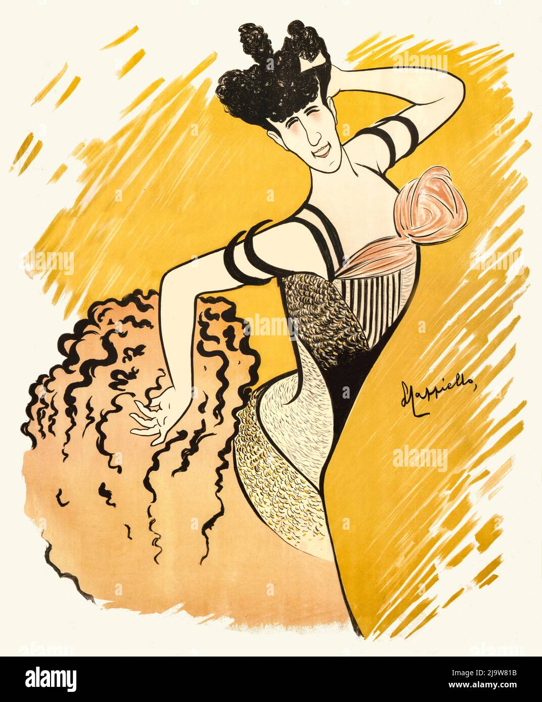 Un'illustrazione di Louise Balthy alle Folies-Bergères 1902, di Leonetto Cappiello. (1875-1942). Una cameriera che divenne una demi-mondaina, andò in scena per la prima volta nel 1891 al Theatre des Menus-Plaisirs e divenne rapidamente una recensore al Folies-Bergère e all'Olimpia, tra gli altri. Foto Stock
