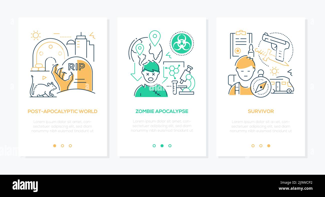 Sopravvivi all'apocalisse zombie - set di striscioni in stile line design Illustrazione Vettoriale