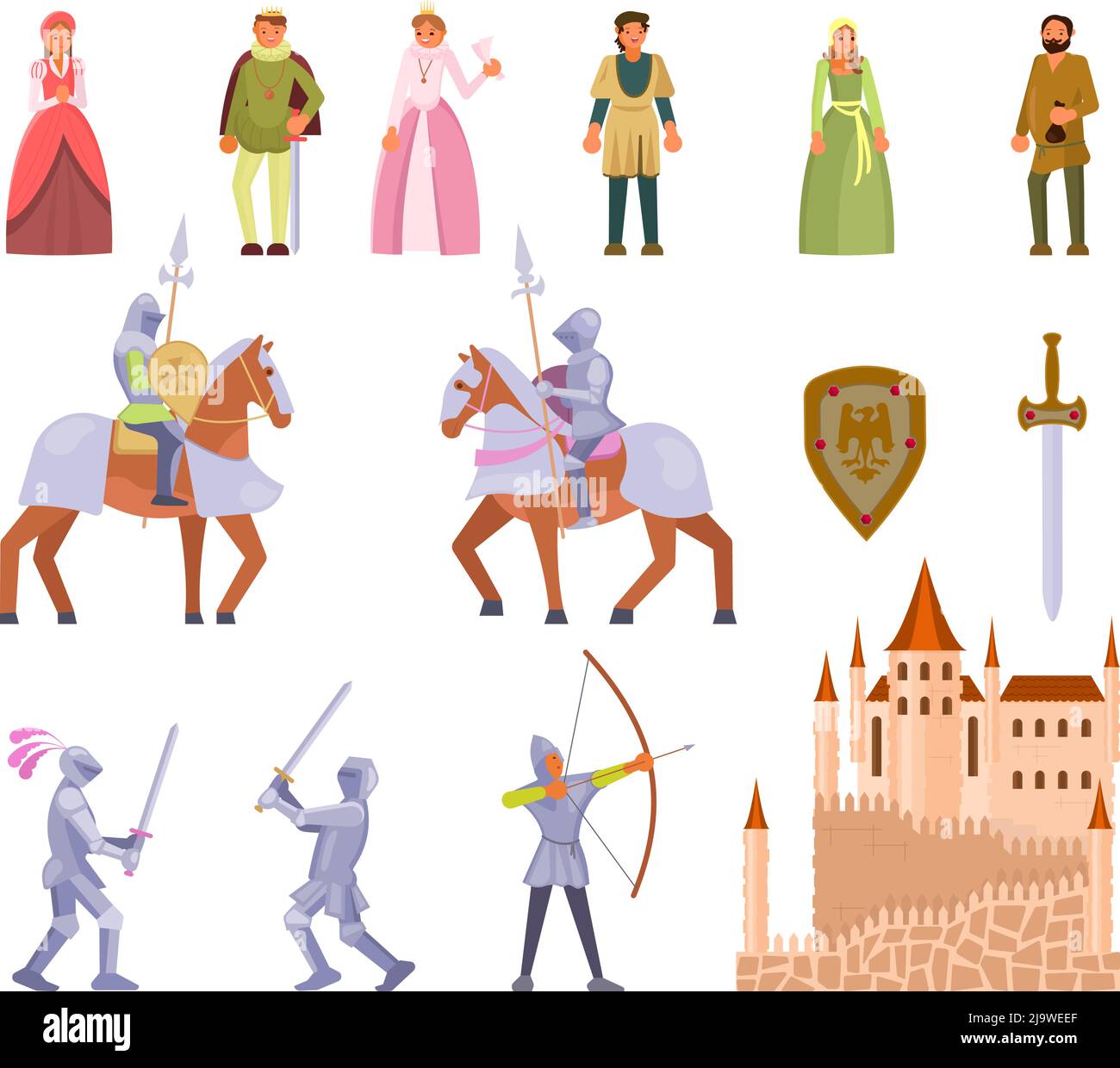 Set di icone del cavaliere medievale, illustrazione piatta vettoriale Illustrazione Vettoriale