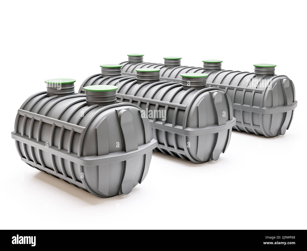 3d rendering di tre vasche settiche per uso domestico grigie di diverse dimensioni su sfondo bianco Foto Stock
