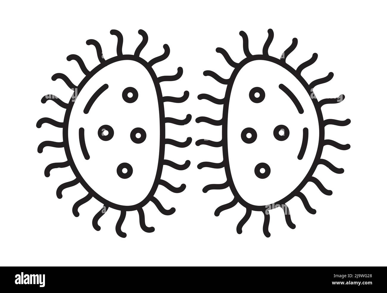 Le cellule dei batteri si dividono, l'icona del virus in linea, lo stile di contorno. Infezione virale, ameba, infusoria segno semplice per app, web. Illustrazione Vettoriale