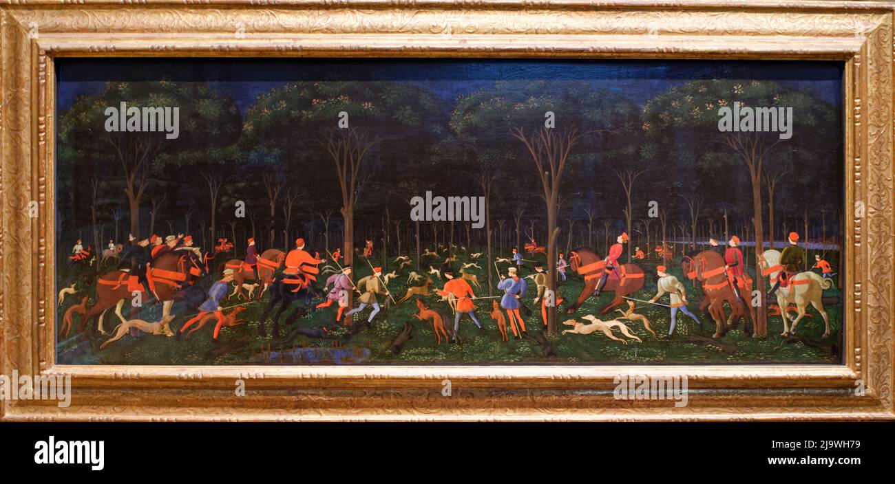 ASHMOLEAN MUSEUM OXFORD INGHILTERRA DIPINGERE LA CACCIA NELLA FORESTA DI PAOLO UCCELLO CIRCA 1470 Foto Stock